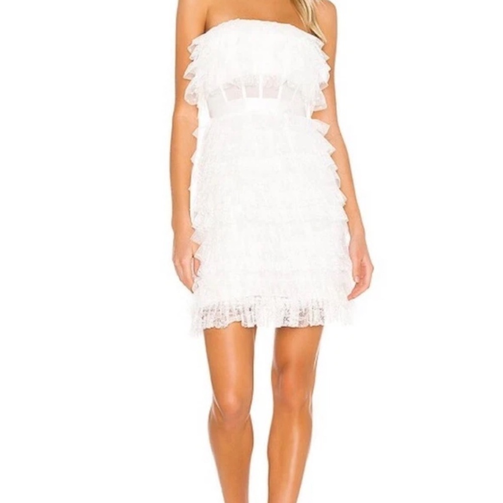 BCBGMaxAzria White Strapless Ruffled Lace Mini Dress